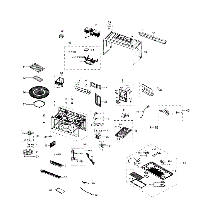 Main Section Diagram and Parts List for ME21H706MQG AA-00 Samsung Microwave Oven Combo