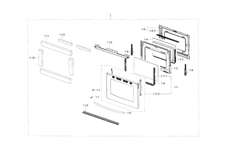 Door Diagram and Parts List for NX58H5600SS AA-0001 Samsung Range