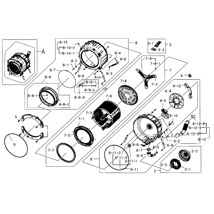 Tub And Drum Assembly Diagram and Parts List for WF419AAW XAA-04 Samsung Washer