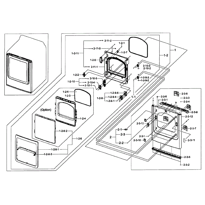 Front / Door Assembly Diagram and Parts List for DV50F9A8GVW A2-01 Samsung Dryer