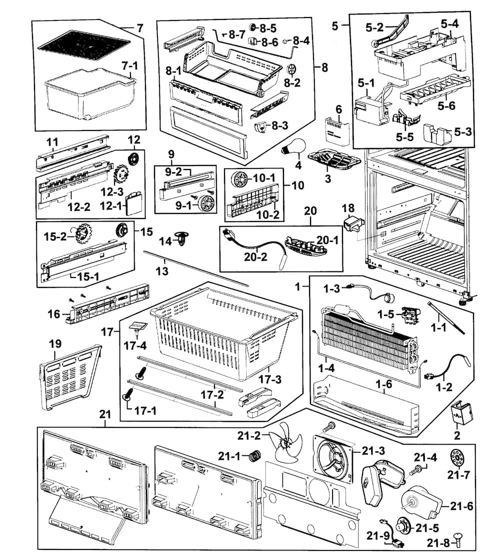 Freezer Assy Diagram and Parts List for RF263AERS XAA-0001 Samsung Refrigerator
