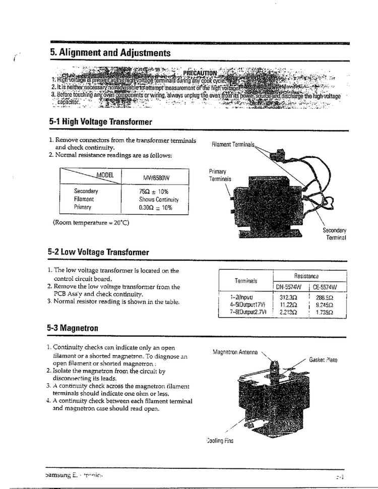 Alignment And Adjustments Diagram and Parts List for MW6580W XAA Samsung Microwave