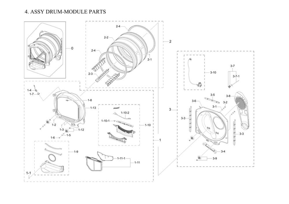 Drum-Module Parts Assembly Diagram and Parts List for DVE55A7300E A3-00 Samsung Dryer