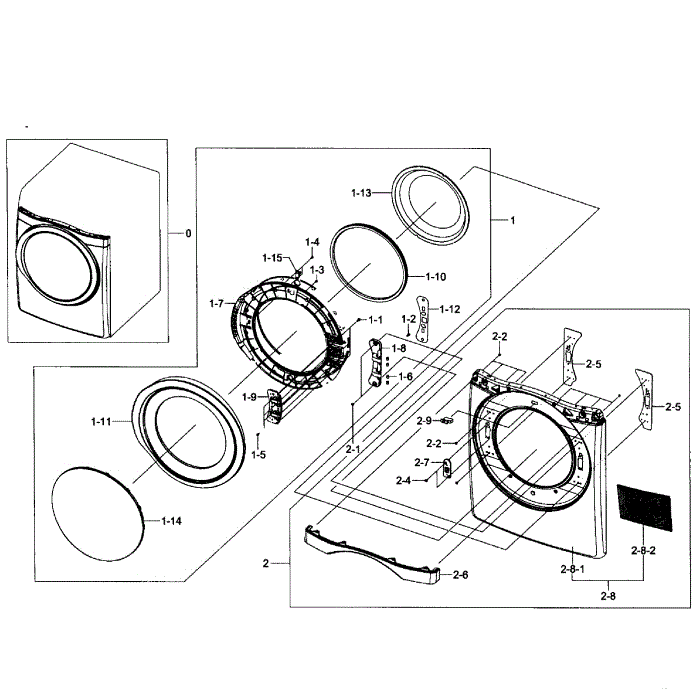 Front / Door Assembly Diagram and Parts List for DV455GVGSGR AA-01 Samsung Dryer