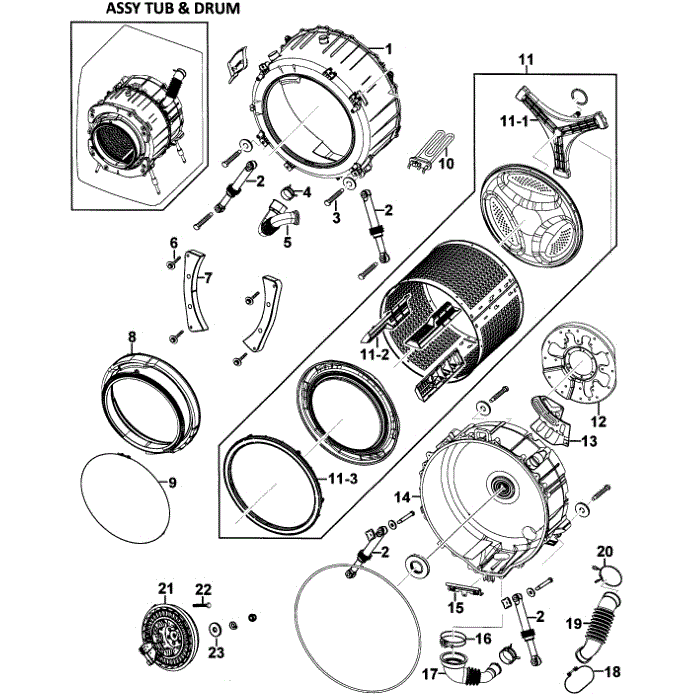Drum Assembly Diagram and Parts List for WF328AAG XAA-00 Samsung Washer