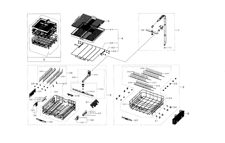 Basket & Duct Diagram and Parts List for DW80H9970MO AA-0000 Samsung Dishwasher