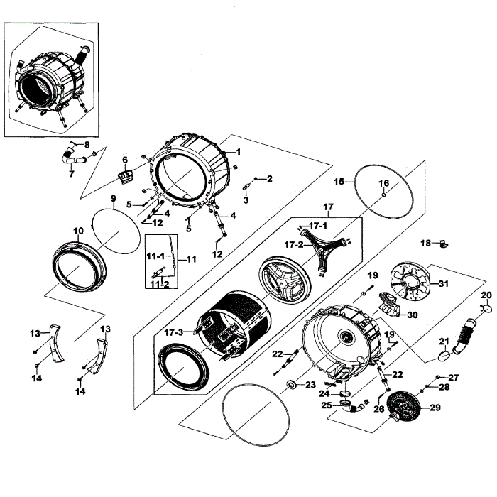 Drum Assembly Diagram and Parts List for WF206BNW XAA-00 Samsung Washer