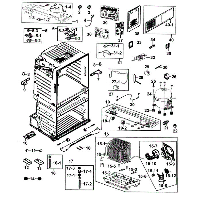 Cabinet Diagram and Parts List for RF25HMEDBWW AA-00 Samsung Refrigerator