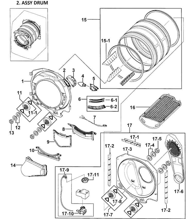 Drum Assy Diagram and Parts List for DV338AEW XAA-0000 Samsung Dryer