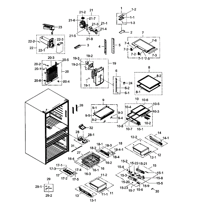 Refrigerator Diagram and Parts List for RF31FMESBSR AA-01 Samsung Refrigerator
