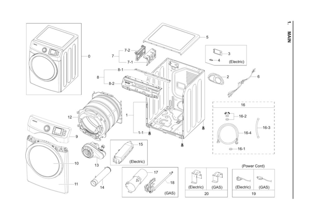 Main Assembly Diagram and Parts List for DV42H5200EW A3-01 Samsung Dryer