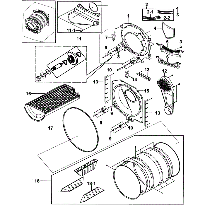 Drum Assembly Diagram and Parts List for DV2C6BGW XAA-00 Samsung Dryer
