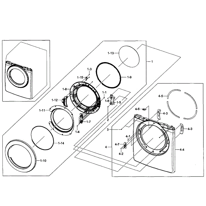 Front / Door Assembly Diagram and Parts List for DV363EWBEUF A1-00 Samsung Dryer