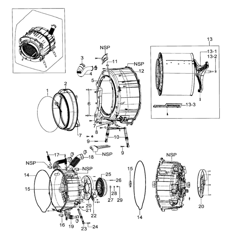 Drum Assy Diagram and Parts List for WF206ANS XAA-0000 Samsung Washer