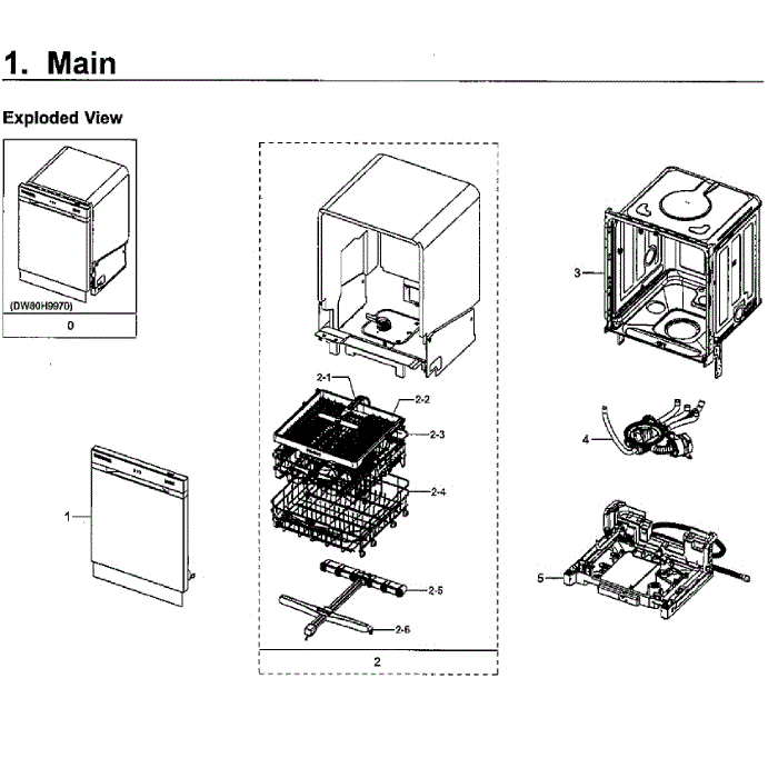 Main Assembly Diagram and Parts List for DW80H9970US AA-02 Samsung Dishwasher