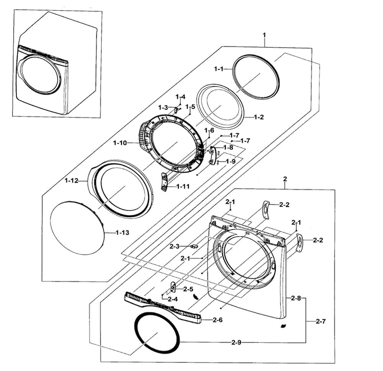 Front/door Assy Diagram and Parts List for DV395ETPAWR A1-0000 Samsung Dryer