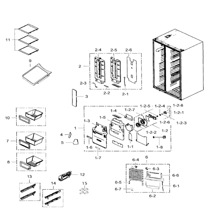 Fridge Diagram and Parts List for RS25H5111SR AA-0001 Samsung Refrigerator