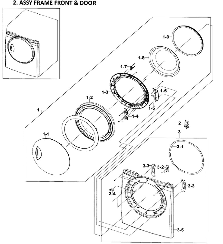 Front/door Assy Diagram and Parts List for DV218AEB XAA-0001 Samsung Dryer