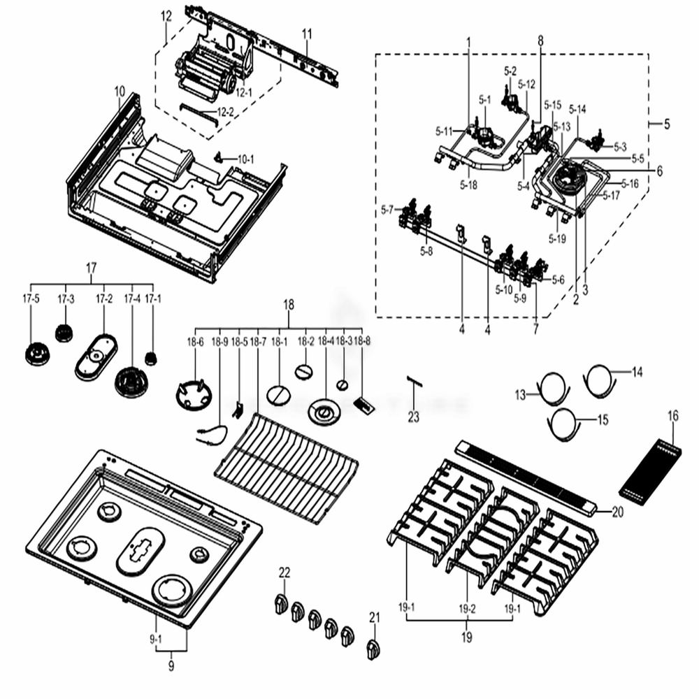 Assembly Cooktop Diagram and Parts List for NX58K9850SS (AA)(0003) Samsung Range