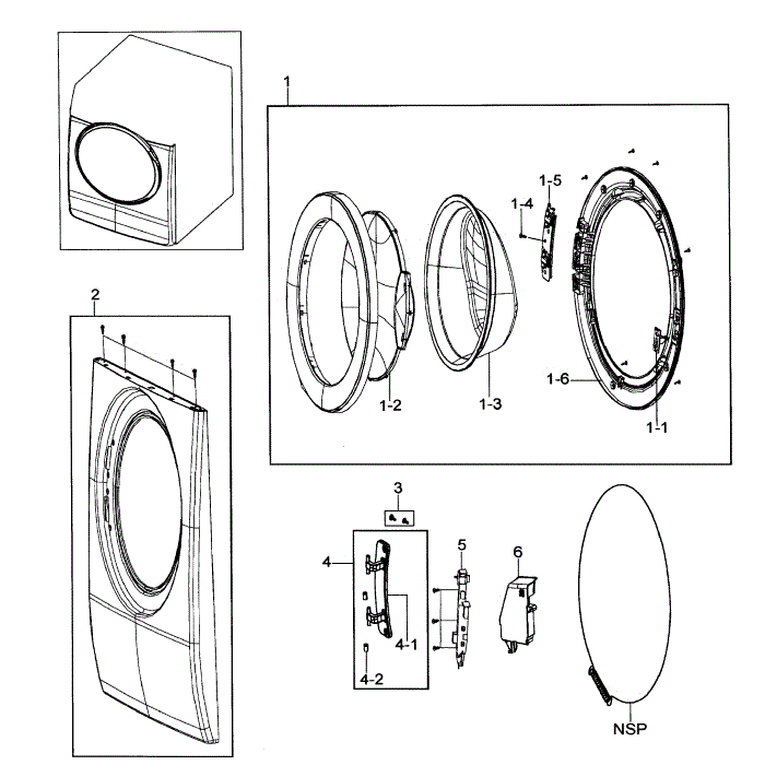 Front Assembly Diagram and Parts List for WF206ANS XAA-00 Samsung Washer