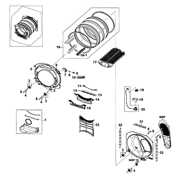 Drum Assembly Diagram and Parts List for DV520AEP XAA-00 Samsung Dryer