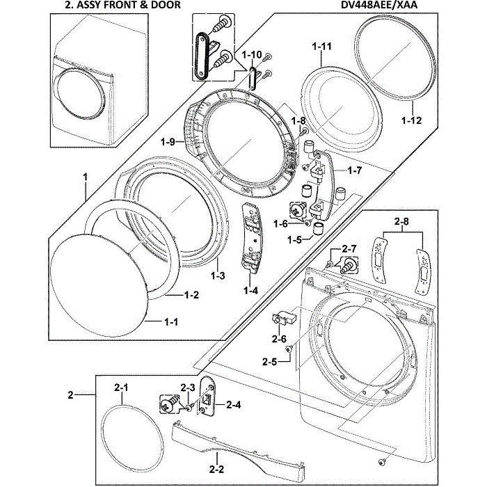Front Assembly Diagram and Parts List for DV448AEE XAA-00 Samsung Dryer