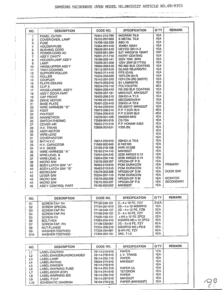 Complete Microwave Assembly Page 2 Diagram and Parts List for MW3552T XAA Samsung Microwave