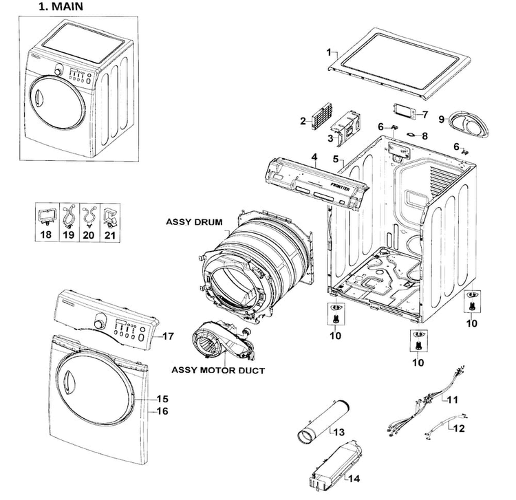 Main Assy Diagram and Parts List for DV218AEW XAA-0001 Samsung Dryer