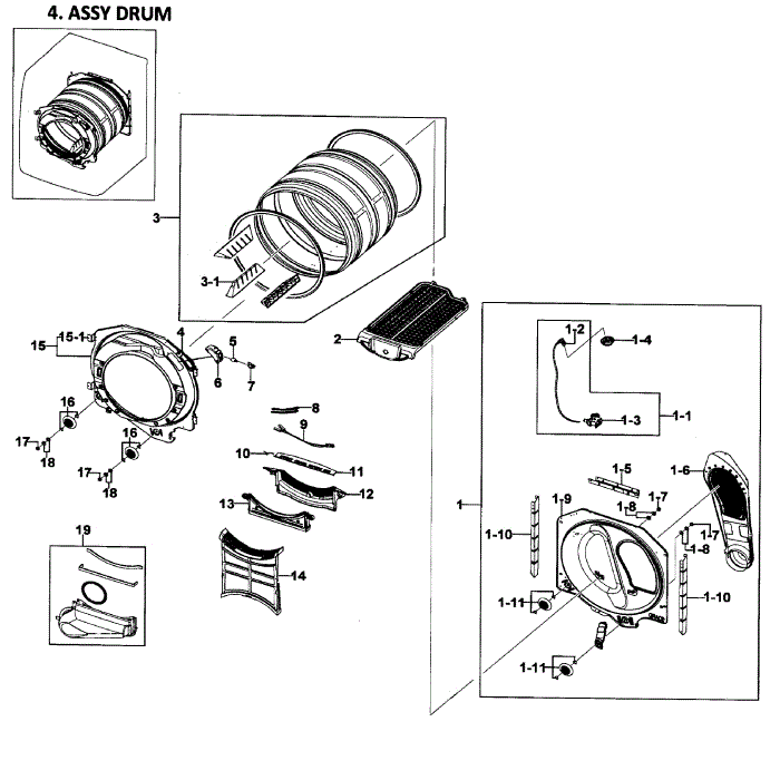 Drum Assembly Diagram and Parts List for DV511AGR XAA-01 Samsung Dryer