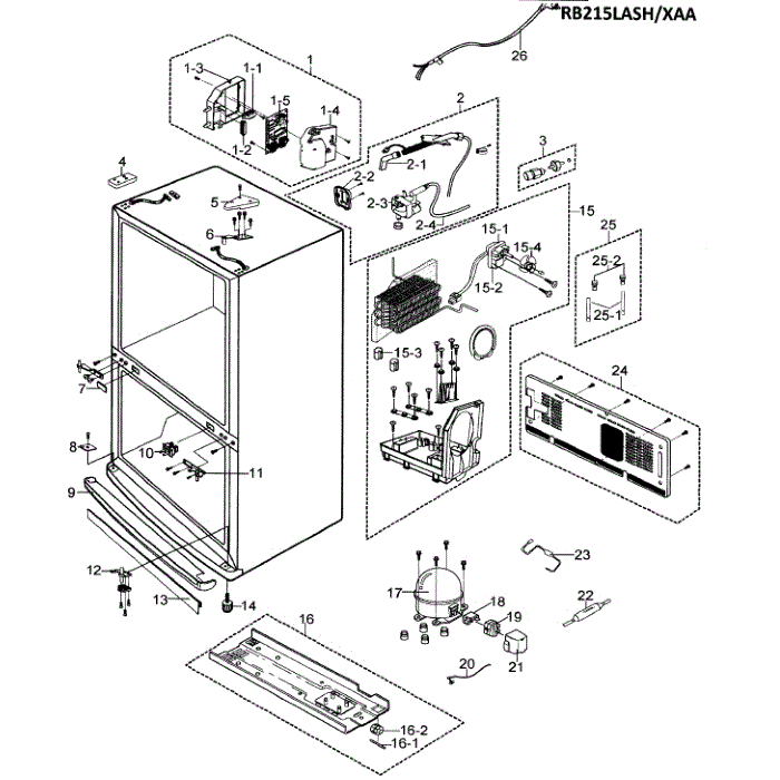 Compressor Diagram and Parts List for RB215LABP XAA-00 Samsung Refrigerator