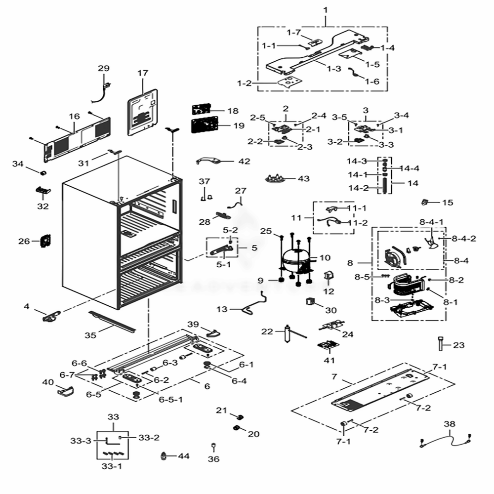 Cabinet Diagram and Parts List for RF22KREDBSG (AA)(0007) Samsung Refrigerator