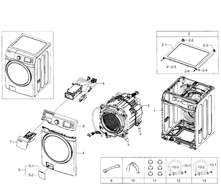 Main Section Diagram and Parts List for WF520ABW XAA-0002 Samsung Washer