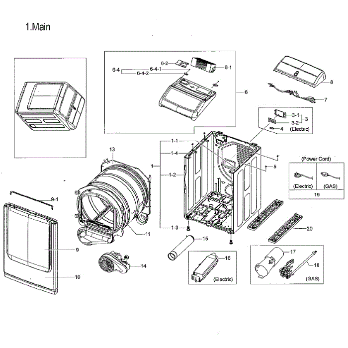 Main Assembly Diagram and Parts List for DVE52M8650V A3-00 Samsung Dryer
