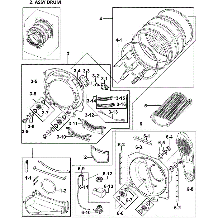 Drum Assembly Diagram and Parts List for DV409AGW XAA-00 Samsung Dryer
