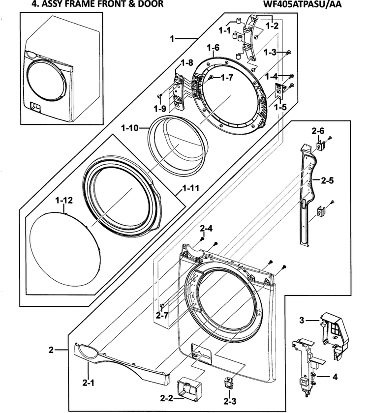 Front/door Diagram and Parts List for WF405ATPASU AA-0000 Samsung Washer