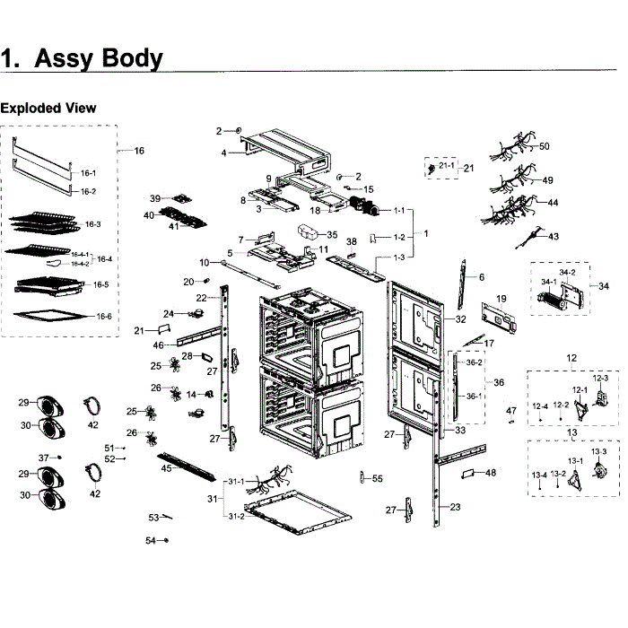 Body Diagram and Parts List for NV51K7770DG AA-00 Samsung Wall Oven