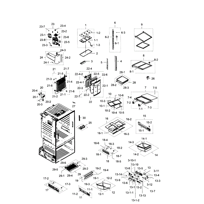 Fridge Diagram and Parts List for RF28HDEDPBC AA-01 Samsung Refrigerator