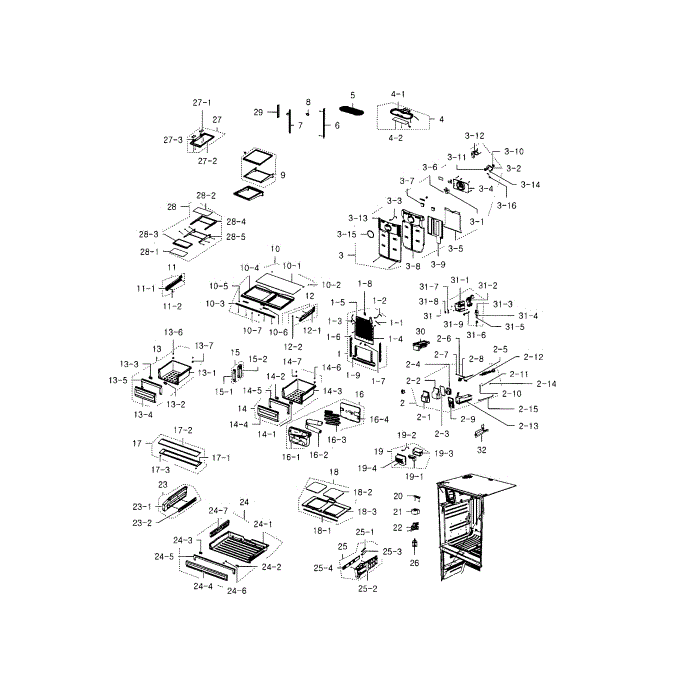 Fridge Diagram and Parts List for RFG237AABP XAA-03 Samsung Refrigerator