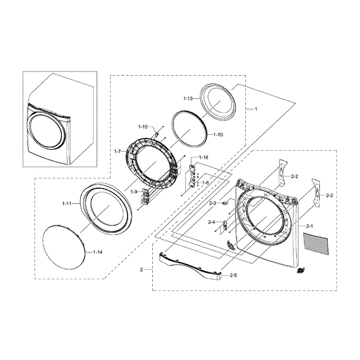 Front And Door Diagram and Parts List for DV511AGR XAA-02 Samsung Dryer