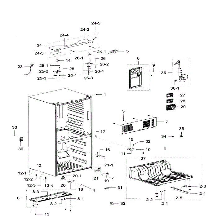 Cabinet Diagram and Parts List for RF32FMQDBSR AA-08 Samsung Refrigerator