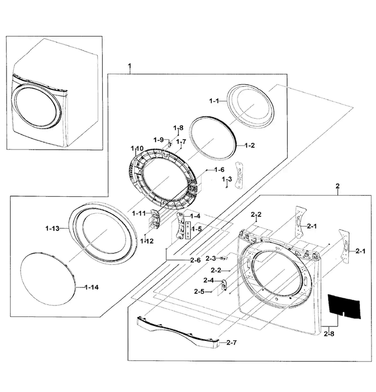 Front/door Assy Diagram and Parts List for DV511AGW XAA-0002 Samsung Dryer