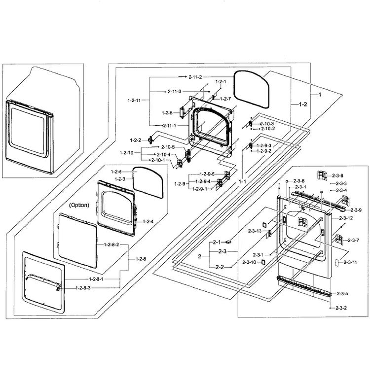 Front/door Assy Diagram and Parts List for DV50F9A8EVW A2-0001 Samsung Dryer