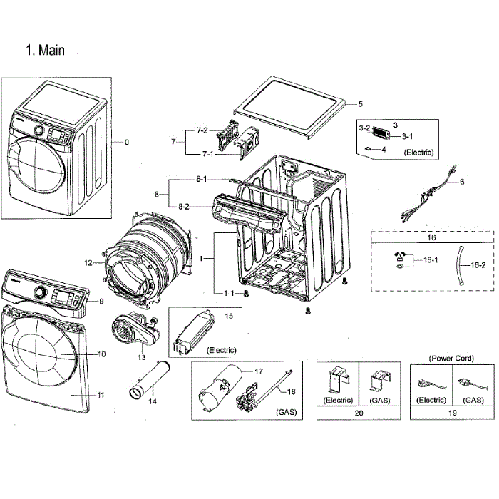 Main Assembly Diagram and Parts List for DVE45M5500W A3-00 Samsung Dryer