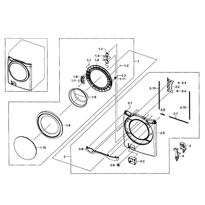 Front / Door Assembly Diagram and Parts List for WF511ABW XAA-04 Samsung Washer