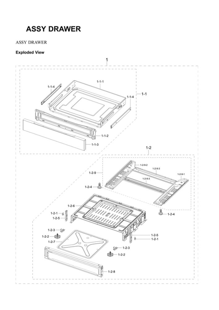 Drawer Assembly Diagram and Parts List for NX60T8711SS AA-02 Samsung Range