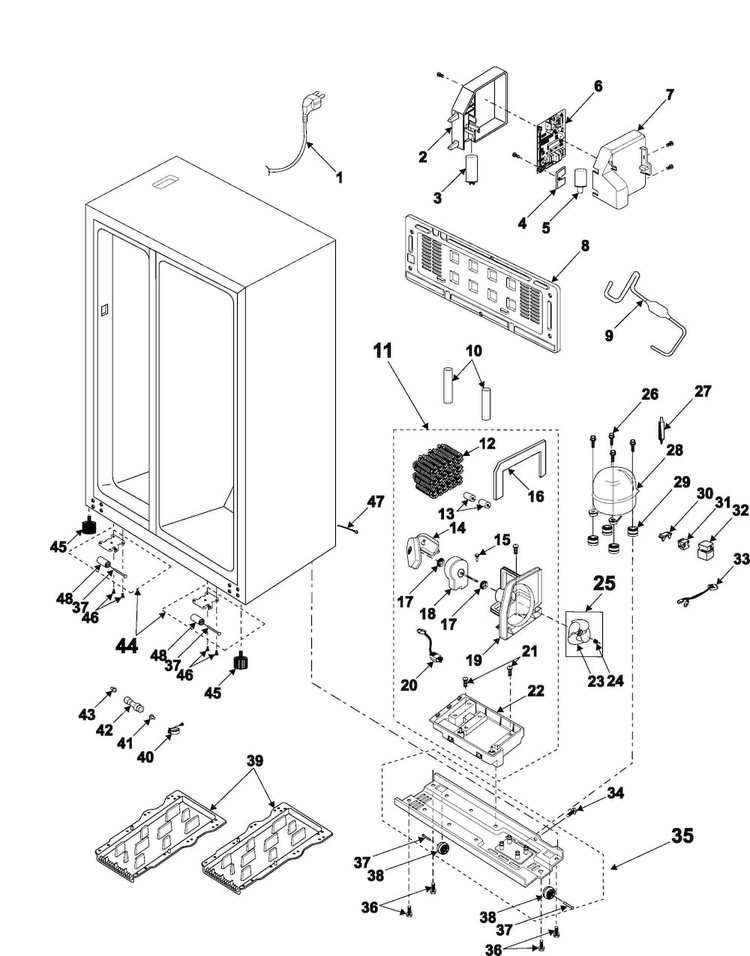 Machine Compartment & Cabinet Back Diagram and Parts List for RS2534BB XAA Samsung Refrigerator
