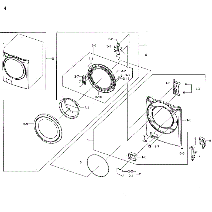 Frame Front And Door Diagram and Parts List for WF42H5200AF A2-01 Samsung Washer