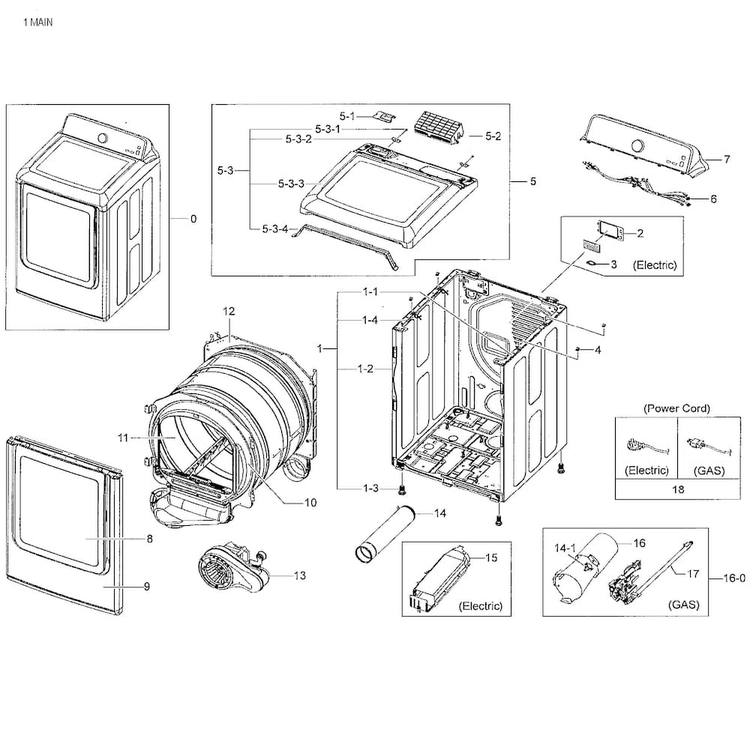 Main Asy Diagram and Parts List for DV48J7700GW A2-0001 Samsung Dryer