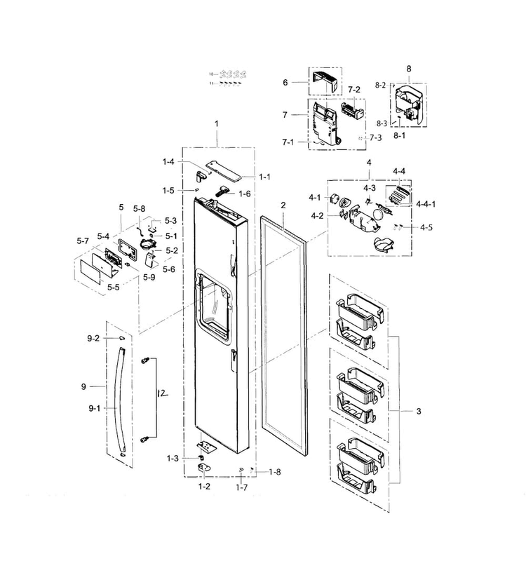 Freezer Door Diagram and Parts List for RS25H5111SR AA-0000 Samsung Refrigerator