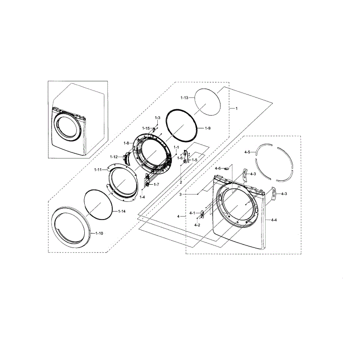 Front And Door Diagram and Parts List for DV36J4000EW A3-00 Samsung Dryer